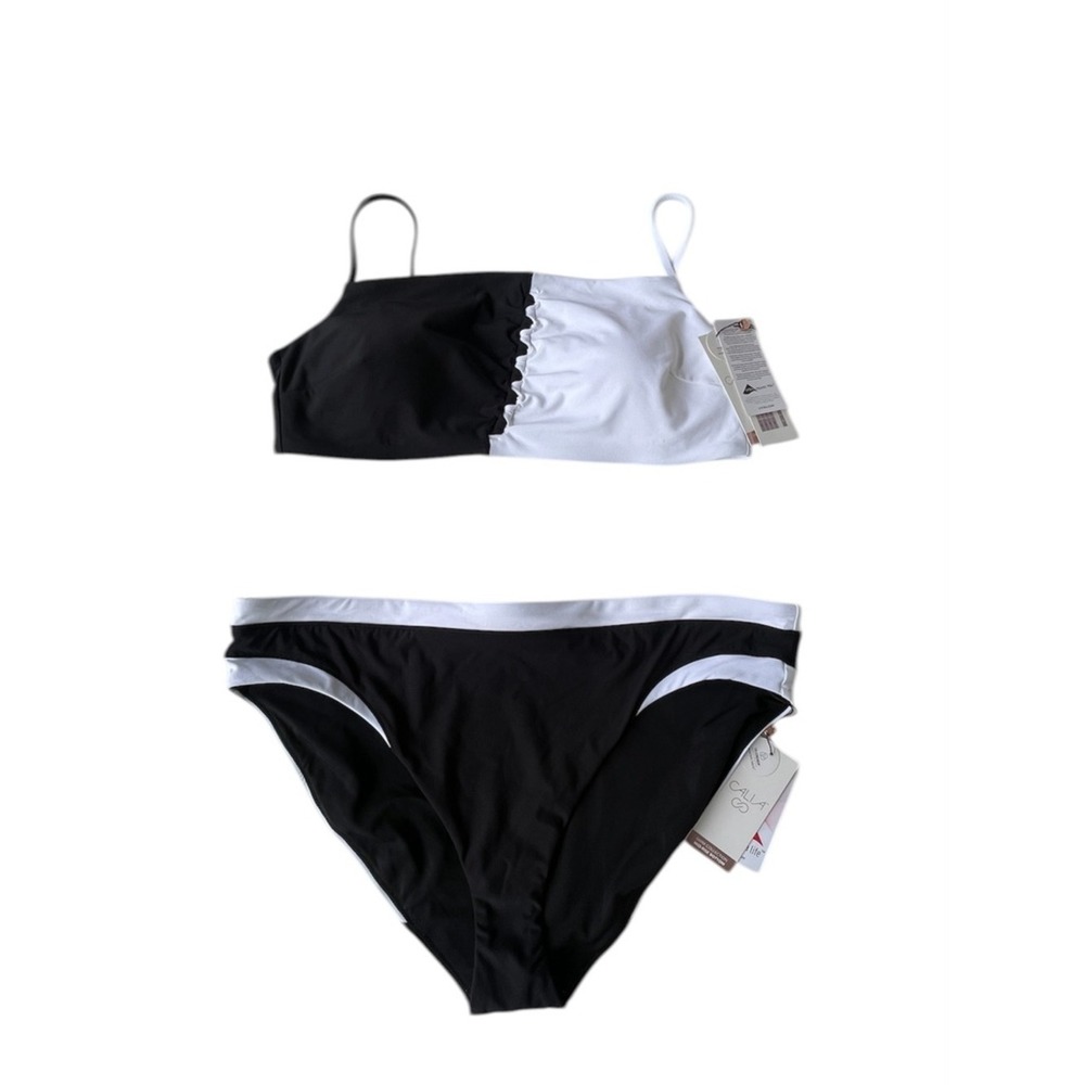 Calia Black White 2 Piece Bikini Mid-Rise Bottom Adjustable Pads NWT Woman XXL